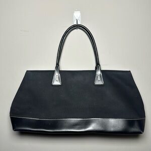 Nine West black vintage cotton trapezoid shape handbag
